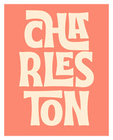 Blocky cream letters spelling CHARLESTON stacked in three lines against a solid coral background in a modern, bold style.