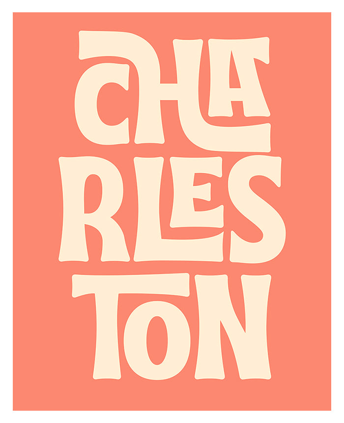 Blocky cream letters spelling CHARLESTON stacked in three lines against a solid coral background in a modern, bold style.