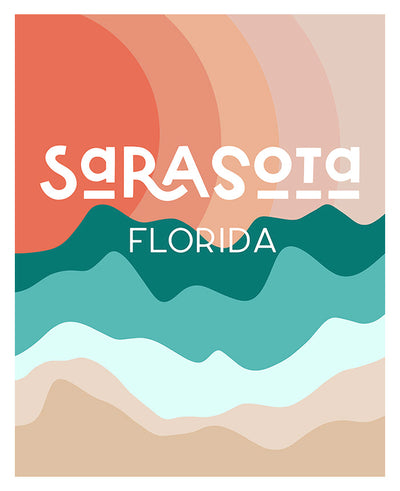 Modern abstract art print titled Destination: Sarasota displayed on a wall with subtle brush strokes and coastal tones