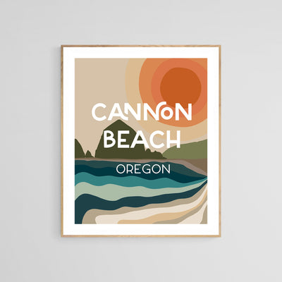 Framed 'Destination: Cannon Beach, Oregon' modern typography art print by Alicia Bock displaying a coastal scene.