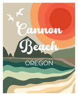 Framed modern typography art print reading 'Destination: Cannon Beach, Oregon' with seagulls above the text.