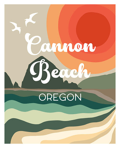 Framed modern typography art print reading 'Destination: Cannon Beach, Oregon' with seagulls above the text.