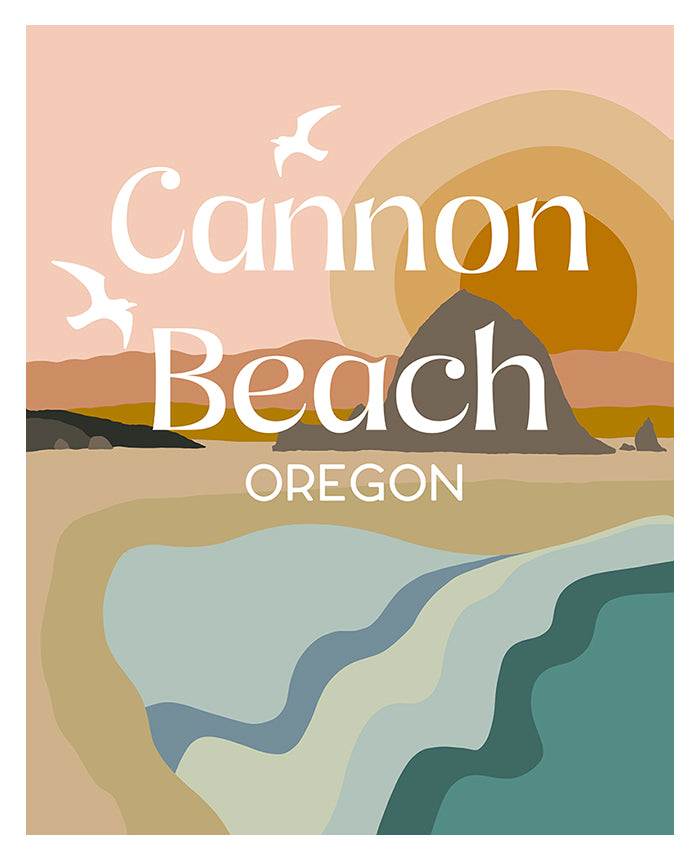 Framed Destination: Cannon Beach, Oregon Modern Typography Art Print displayed on a wall.