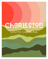 Abstract landscape with layered green hills under concentric red and pink semi-circles, featuring stylized text 'Charleston South Carolina' in white.