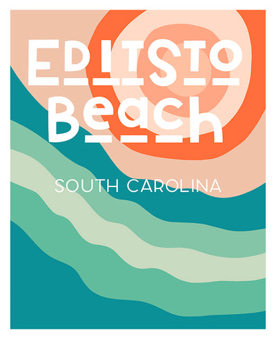 Destination: Edisto Beach South Carolina modern typography art print by Alicia Bock displayed framed on a neutral wall.