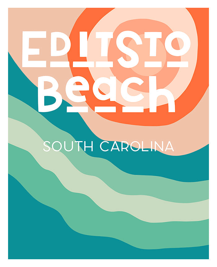 Destination: Edisto Beach South Carolina modern typography art print by Alicia Bock displayed framed on a neutral wall.