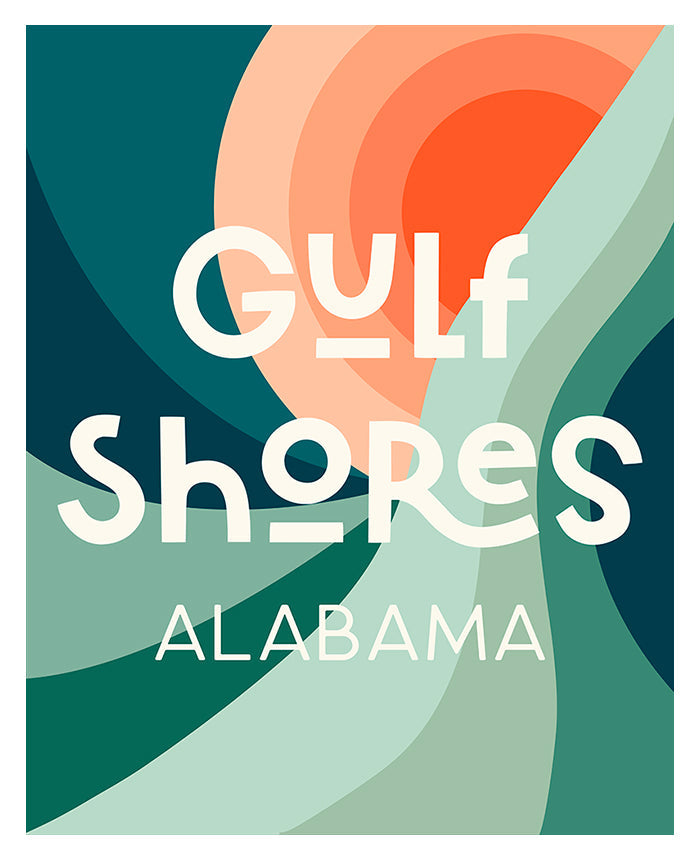Modern typography art print reading 'Destination: Gulf Shores, Alabama' in black script on white background