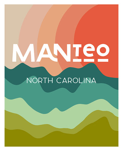 Modern art print titled 'Destination: Manteo, North Carolina' by Alicia Bock, showing coastal typography artwork displayed framed on a wall.