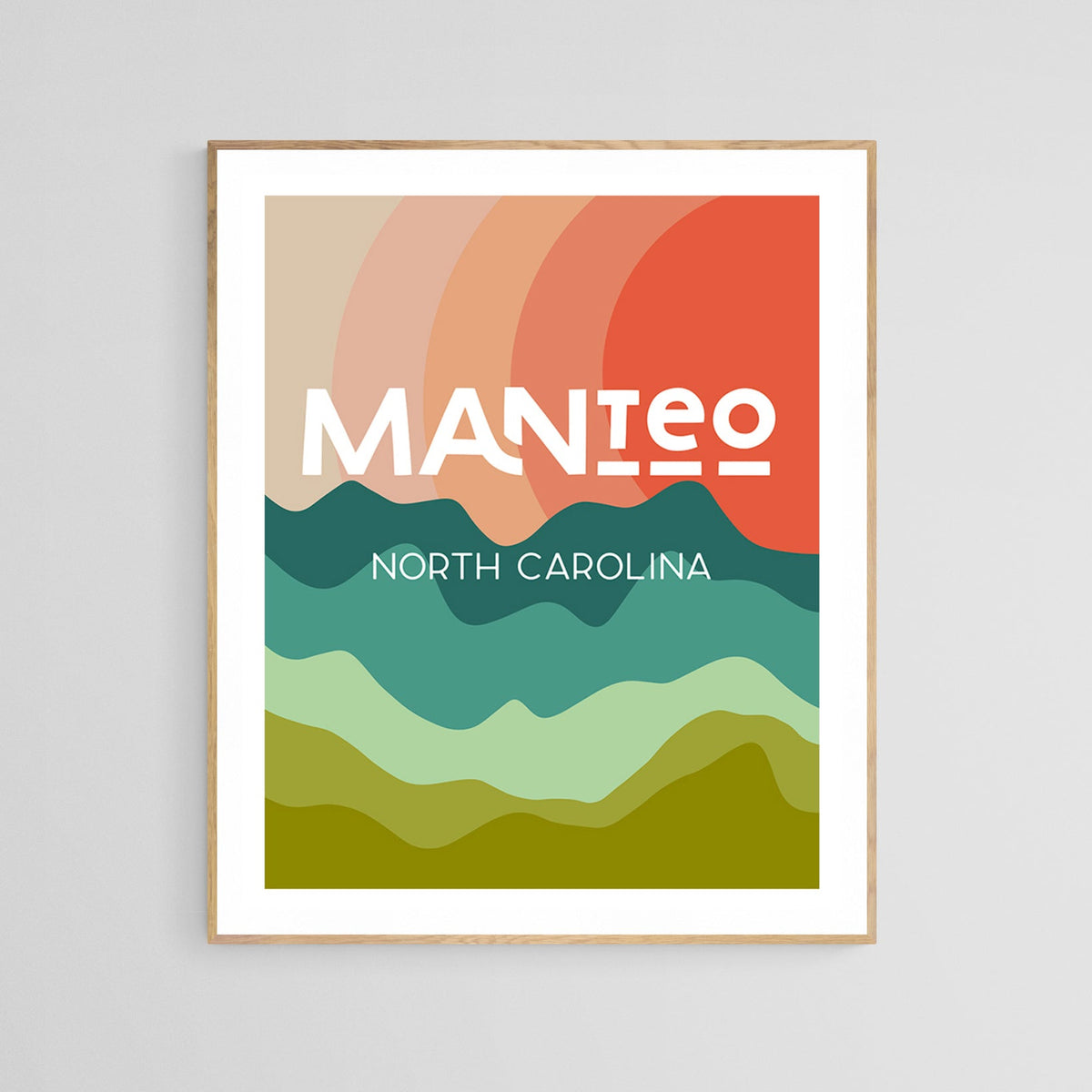 Modern art print featuring stacked, wavy horizontal layers in green and orange tones with 'MANTEo' in bold white letters and 'NORTH CAROLINA' subtitle below.
