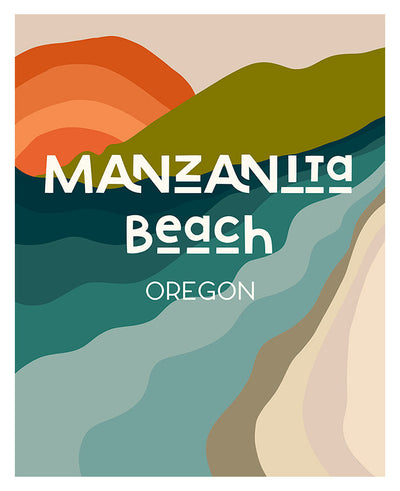 Modern typography art print reading 'Destination: Manzanita Beach, Oregon' by Alicia Bock