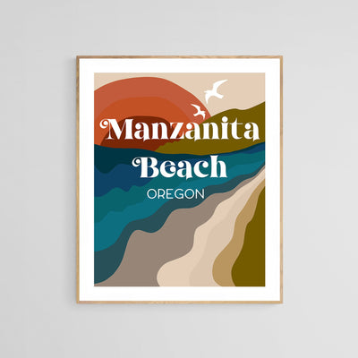 Framed Destination: Manzanita Beach, Oregon modern typography art print on wall
