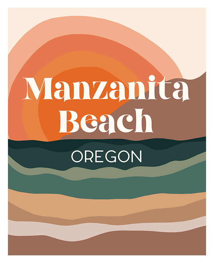 Destination: Manzanita Beach, Oregon modern typography art print shown framed and unframed