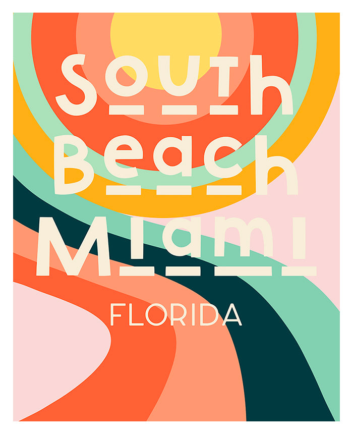 Abstract art print titled 'Destination: South Beach Miami' by Alicia Bock, mounted on a light wall.