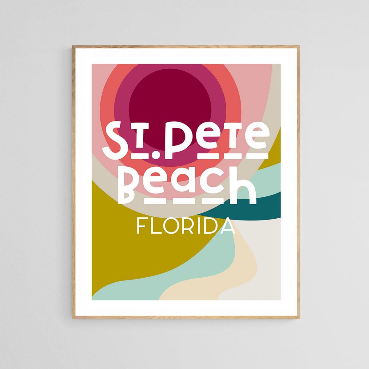 Abstract modern art print with circular and organic shapes in muted pink, burgundy, mustard, teal, and cream, featuring white text 'St. Pete Beach Florida' in stylized font.