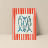 Blank note card featuring Alicia Bock's sardine artwork with a pink vertical stripe on a white background