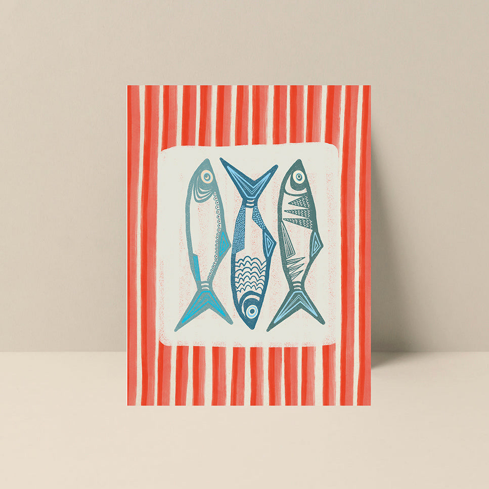 Blank note card featuring Alicia Bock's sardine artwork with a pink vertical stripe on a white background