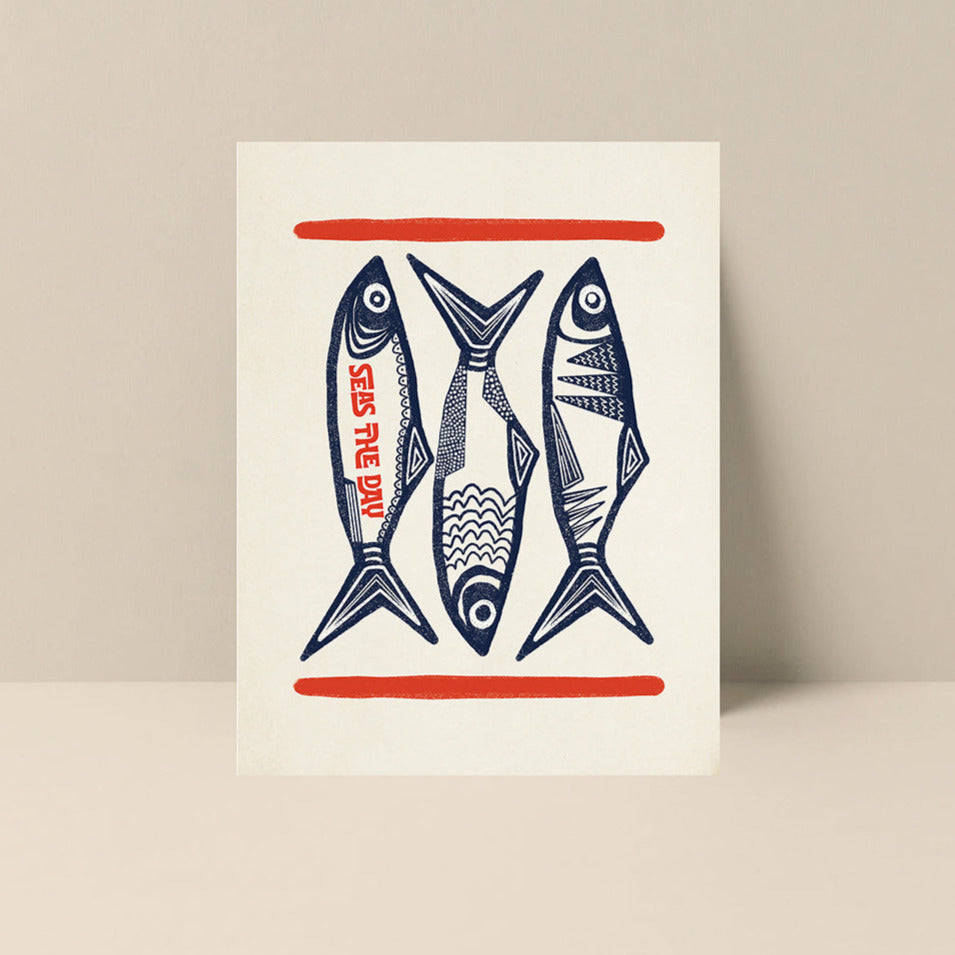 Blue Sardine illustration on a blank note card from Alicia Bock Print Shop