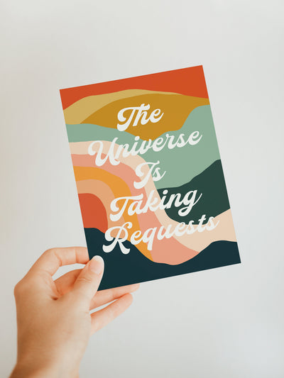 The Universe Is Taking Requests - Blank Note Card displaying celestial artwork on smooth matte card stock with matching envelope