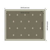 Rectangular mat with olive green background featuring evenly spaced small white botanical block print motifs, outlined by thin beige border marked with 26x20 outer dimensions.