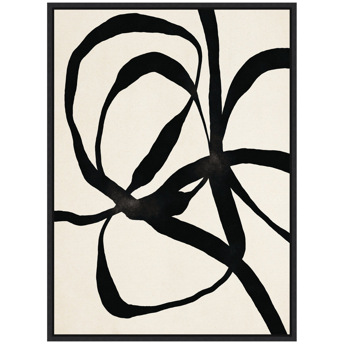 Abstract artwork featuring bold, flowing black ribbon-like shapes twisting across a cream background, framed in a slim black frame.