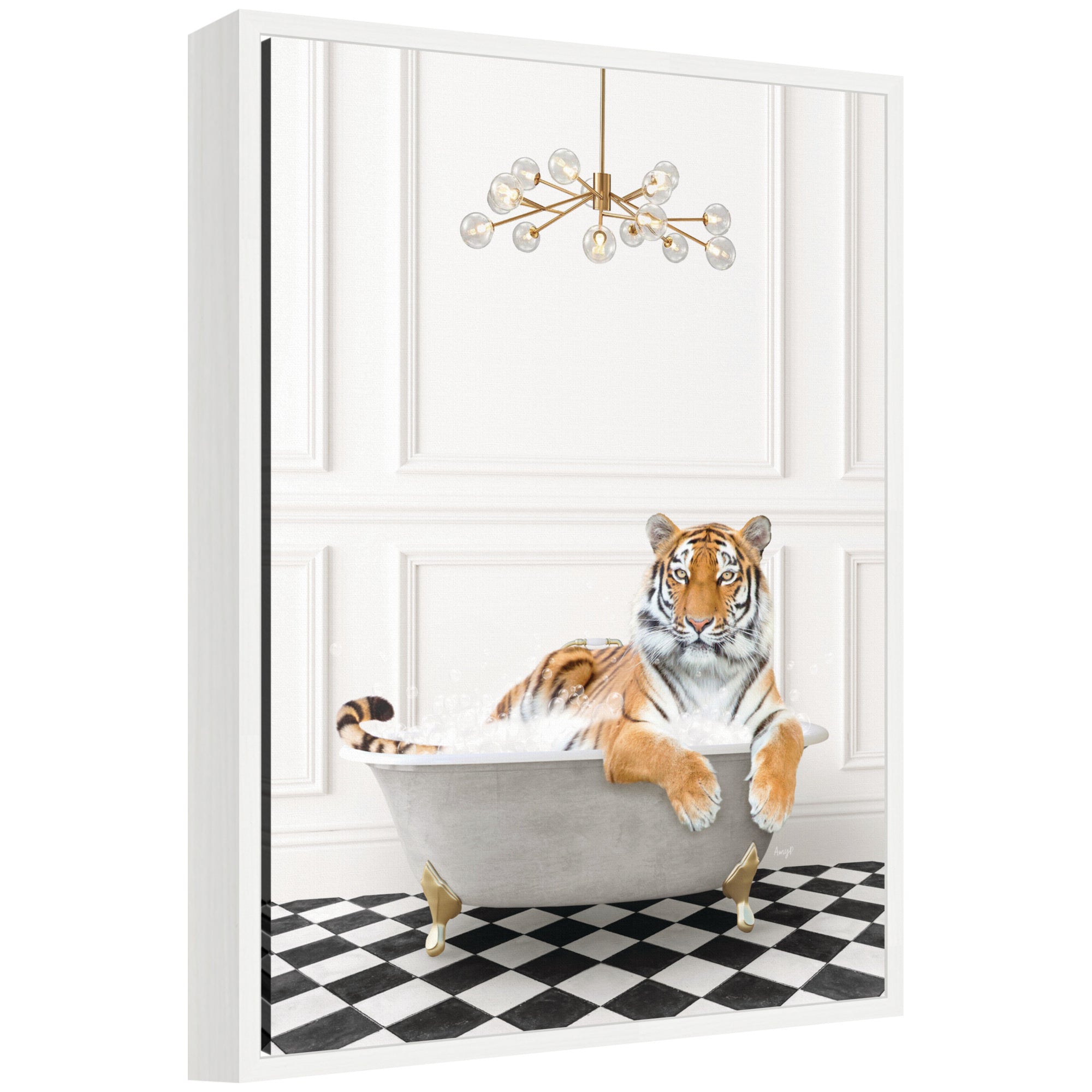 Sylvie Tiger in Gray Bathtub Checker Floor framed canvas by Amy Peterson showing a tiger in a gray bathtub on a checkerboard floor