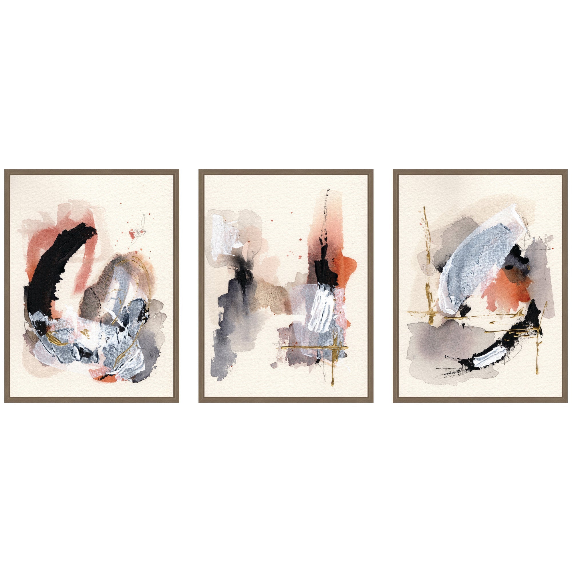Sylvie Urban Wanderer 1, 3 and 4 abstract framed canvas art set by Xizhou Xie, featuring soft beige, black, and muted tones in a gallery-wrapped presentation.