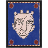 Abstract line drawing of a pale pink face with large eyes, eyelashes, and crown-like shapes on a vibrant blue background with four red sun motifs in each corner framed by a checkered border.