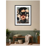 Framed art print of a woman with dark hair, lace collar, large butterfly covering eyes, and soft pink roses in hair, hanging on beige wall above bench.