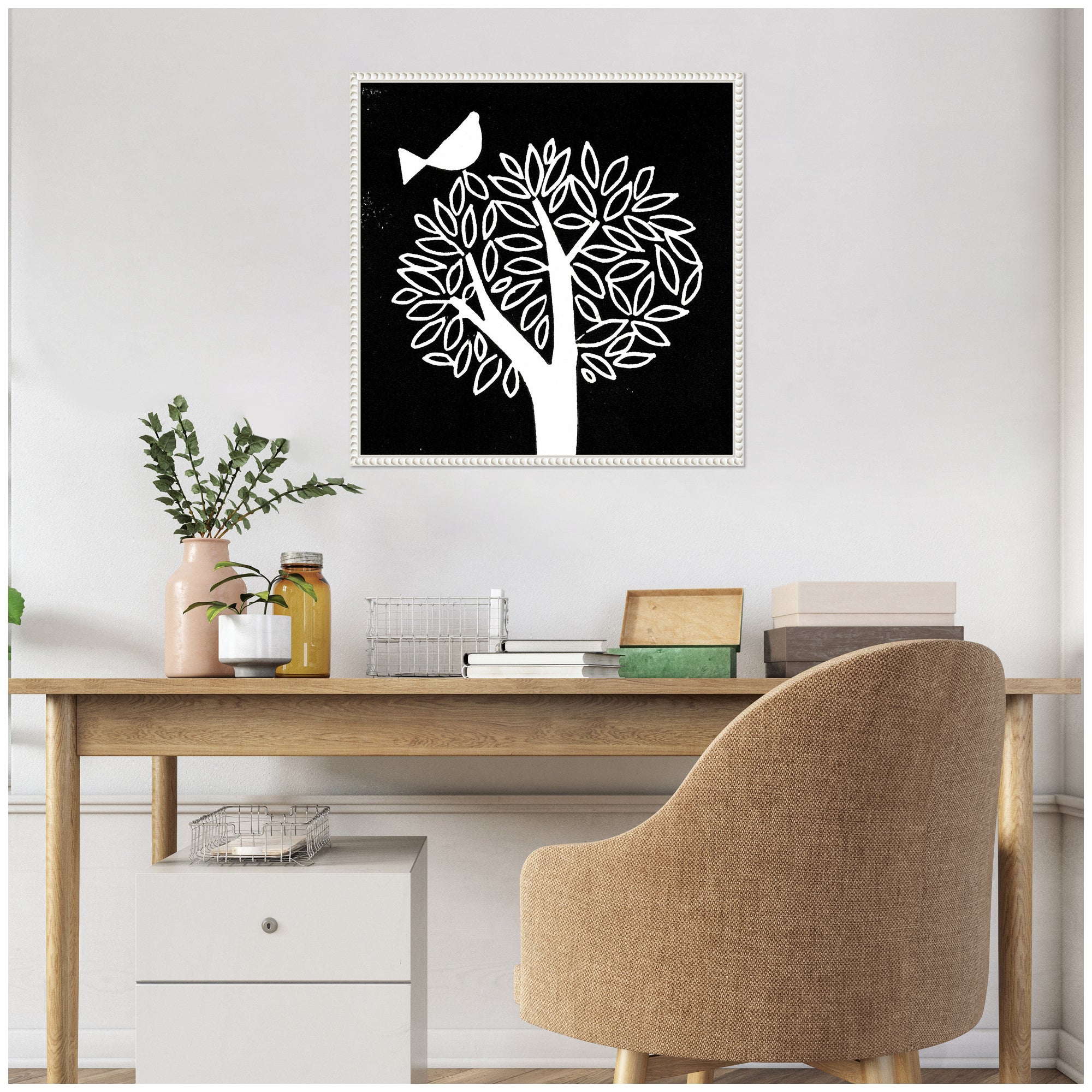 Sylvie Black and White Bird Tree Linocut Framed Canvas by Giuliana Lazzerini