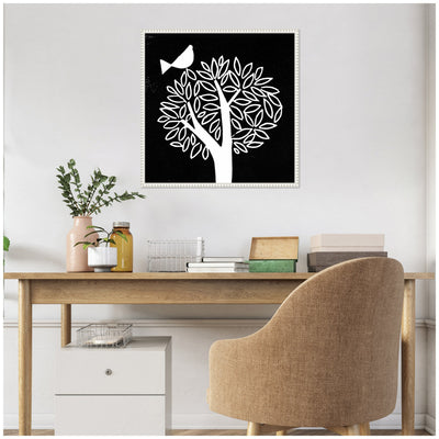 Sylvie Black and White Bird Tree Linocut Framed Canvas by Giuliana Lazzerini