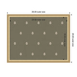 Rectangular botanical block print displaying small, evenly spaced white leaf motifs on a muted green background, set within a light wooden frame measuring 26 by 20 inches outer size.