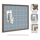 Square framed pinboard with light blue plaid fabric and two black-and-white photos pinned on it, shown with three inset detail views highlighting frame options and fabric texture