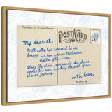 Canvas print of a vintage-style postcard with blue handwritten poem about the sea, framed by light blue seashell patterns on white background.