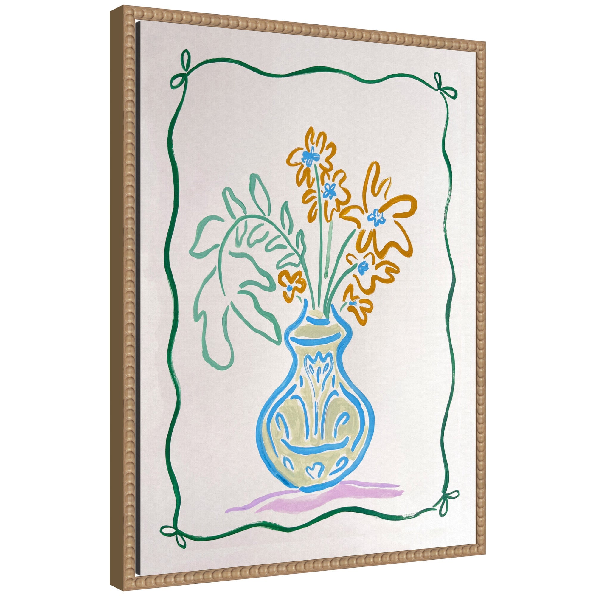 Sylvie June Blooms Bow Border floral print on a framed floating canvas with vintage beaded frame
