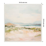 Abstract coastal landscape in soft pastel tones with light blues, greens, and sandy beige under a pale sky, framed in white with beaded detail.