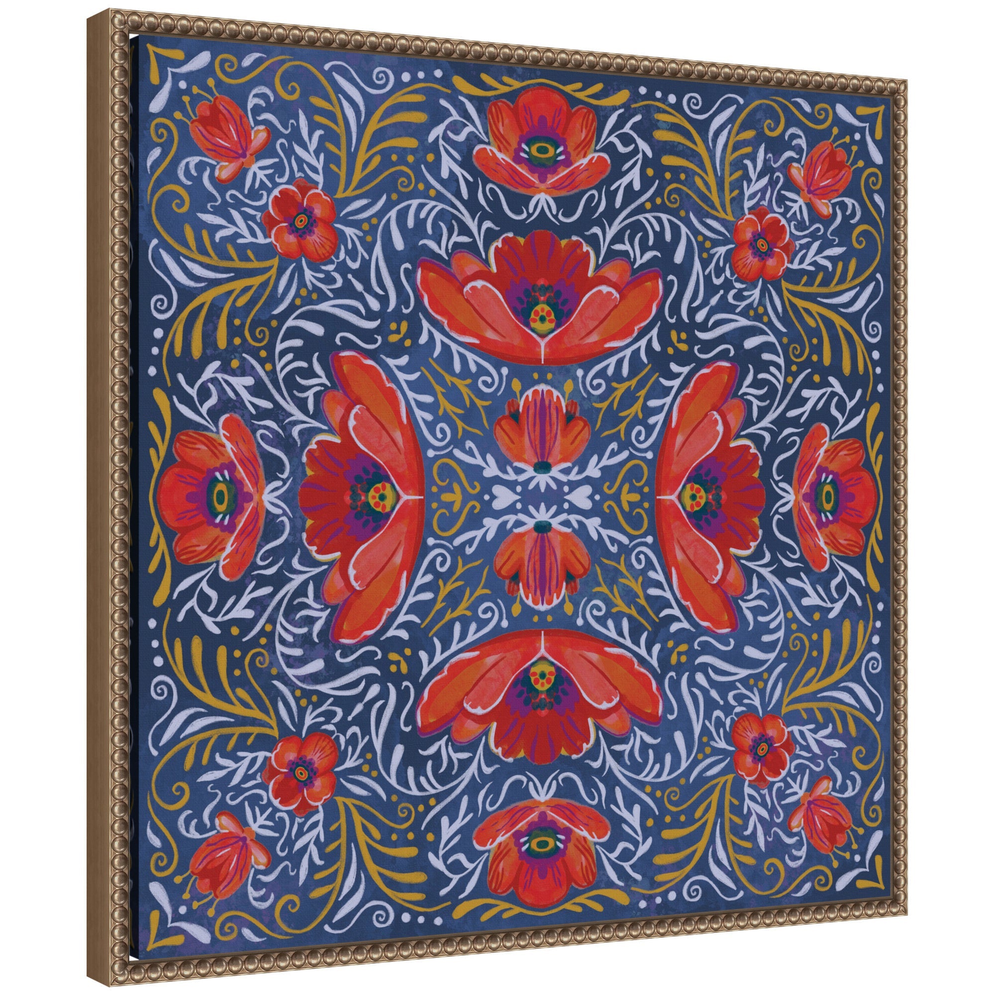Kaleidoscope Poppies framed canvas wall art print by Lucia Gianello showing vibrant red and orange poppies in Sylvie Beaded frame.
