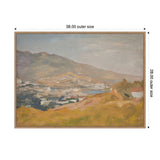 Impressionist-style painting of a coastal landscape with rolling hills and a harbor, featuring muted blues, browns, and grays under a soft sky, framed in light wood.