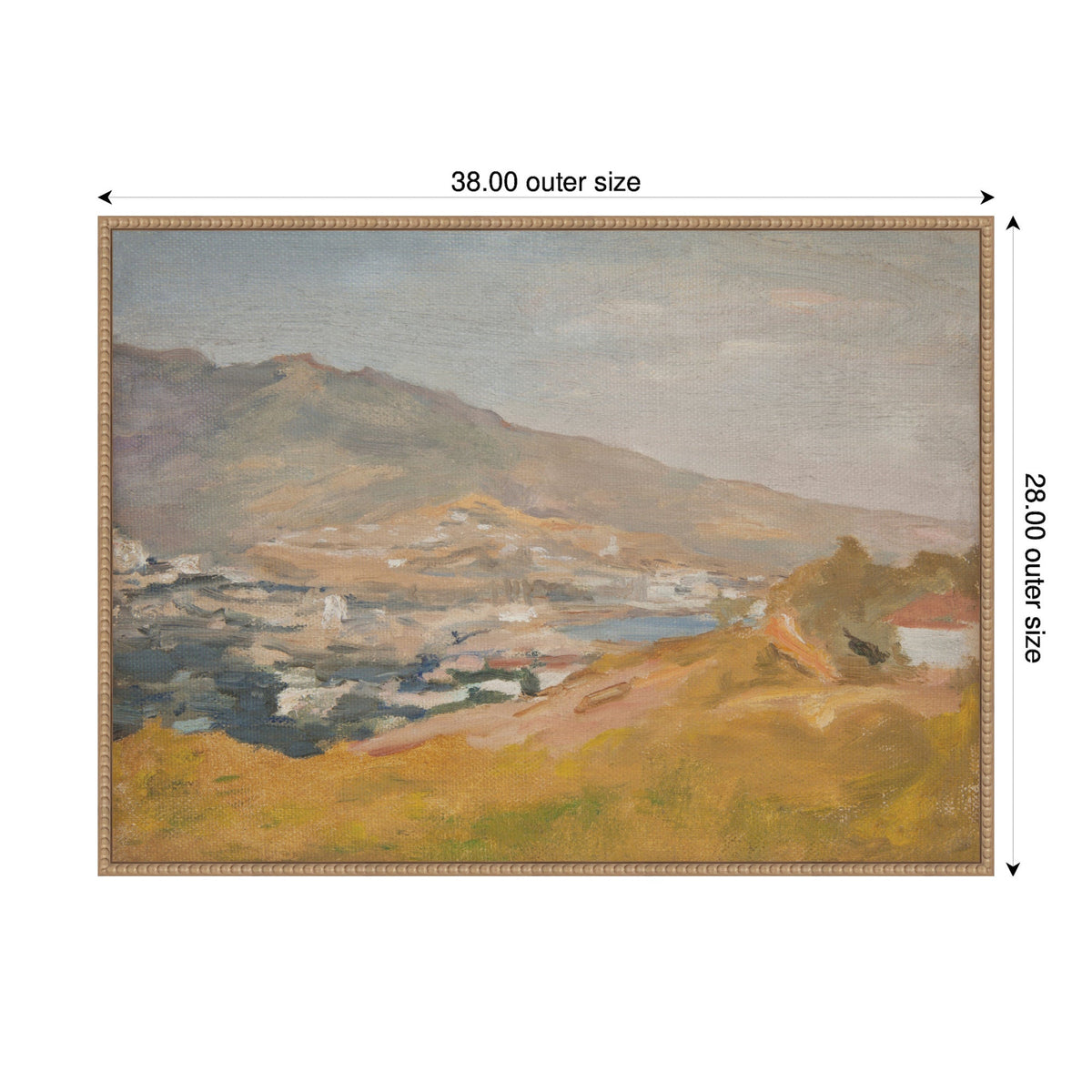 Impressionist-style painting of a coastal landscape with rolling hills and a harbor, featuring muted blues, browns, and grays under a soft sky, framed in light wood.