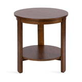 Round wooden side table with a smooth top and lower shelf, supported by three straight legs with a medium brown finish.