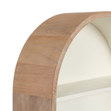 Close-up of a curved wooden arch forming the frame of a white shelf interior with clean lines and a smooth finish.