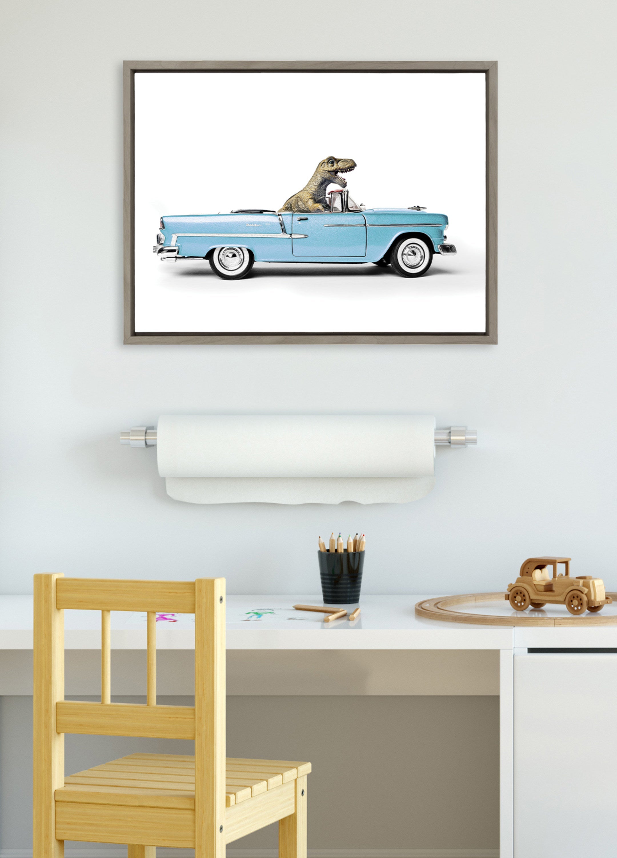 Sylvie T Rex Driving 1957 Aqua Chevy Framed Canvas by Saint and Sailor Studios