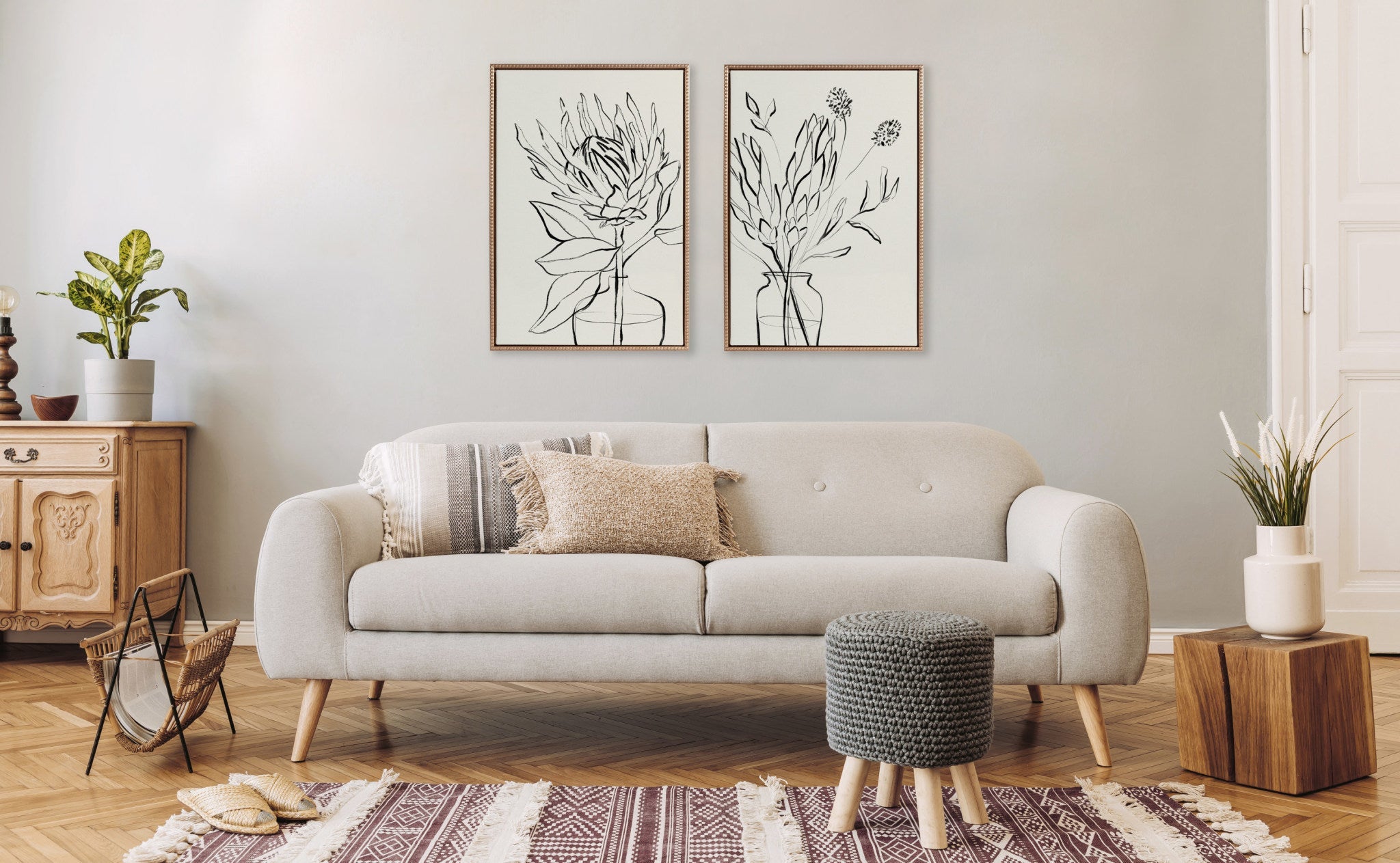 Sylvie Beaded SB Protea Sketch 1 BW and SB Protea Sketch 2 BW Framed Canvas Art Set by Sara Berrenson