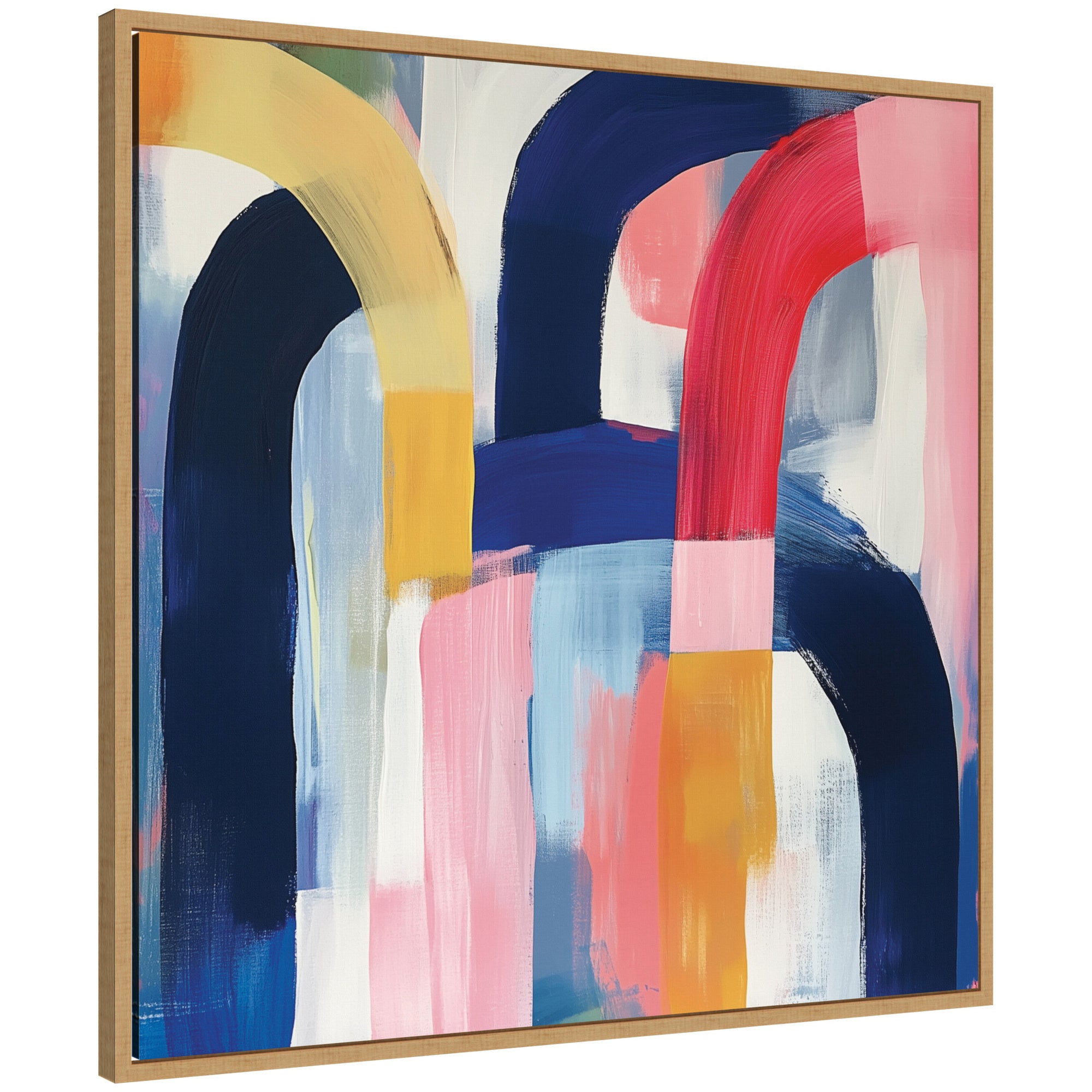 Framed canvas wall art print titled 'Joyful Abstract' by The Creative Bunch Studio with a natural Sylvie frame hung on a neutral wall.