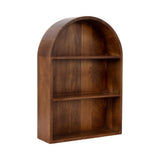 Wall shelf with an arched top made of dark brown wood featuring a smooth finish and two horizontal shelves inside the curved frame.