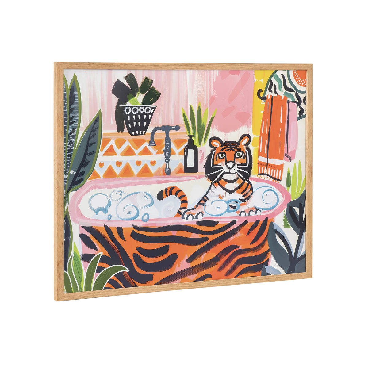 Colorful illustration of a tiger sitting in a striped bathtub filled with bubbles, surrounded by green plants and orange towels on a patterned wall.