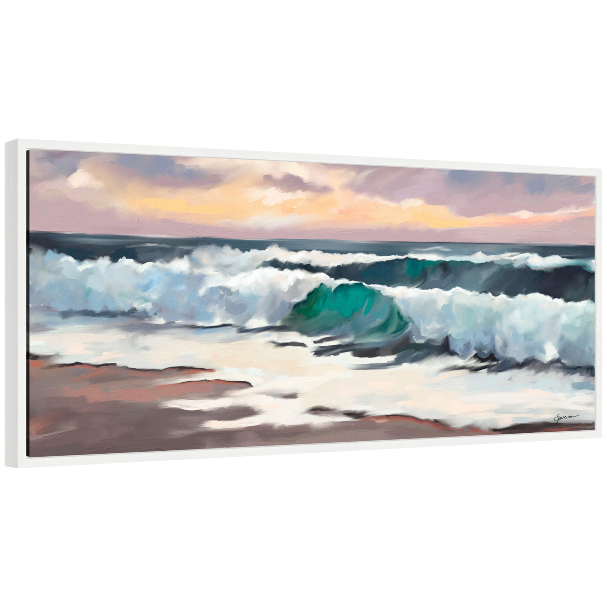 Sylvie Roll Tide framed floating canvas art showing an abstract blend of beach colors in a modern polystyrene frame