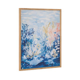 Framed underwater landscape print featuring layered blue, cream, and pink coral shapes with textured sea floor and light reflections