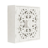 Square white wood wall cabinet with intricately carved floral and circular patterns on front double doors against a white background.