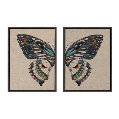 Sylvie Boho Butterfly Watercolor Diptych Neutral Linen Framed Canvas Art Set by The Creative Bunch Studio