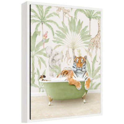 Sylvie Tiger in Wild Safari Bathtub framed canvas art by Amy Peterson, showing a whimsical tiger in a bathtub in safari surroundings with a vintage beaded white frame